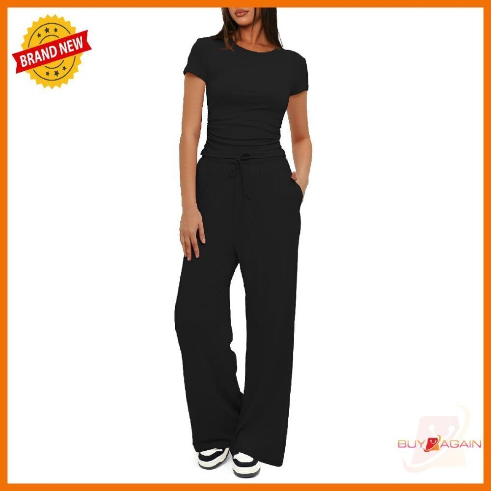 Soft Ruched Top High Waist Wide Leg Pants Lounge Set Tracksuit